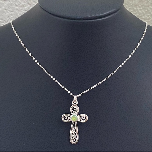 Sterling Silver 925 Signed Green Opal Cross Pendant 18” Necklace 3g. - Picture 6 of 16